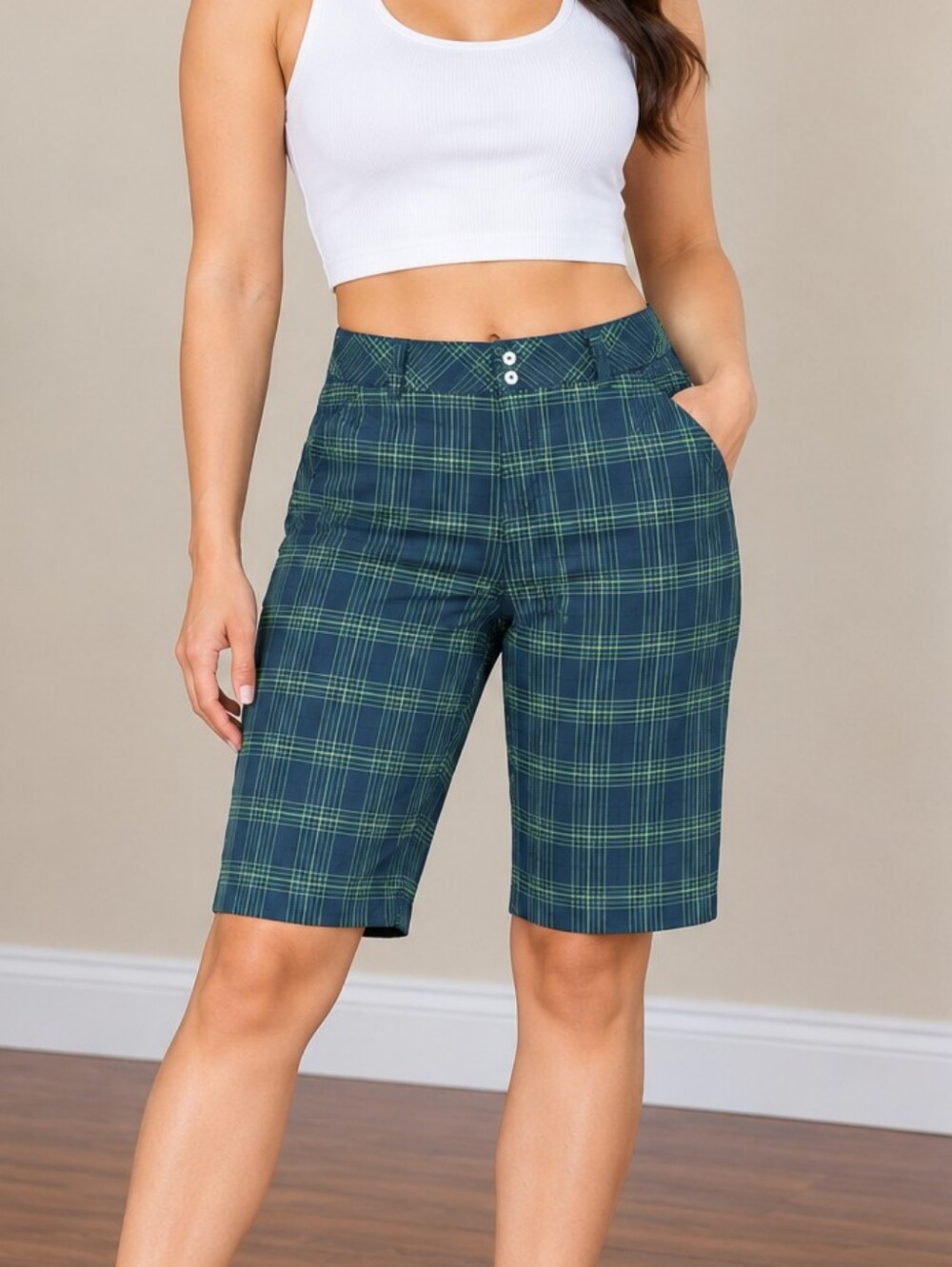 Columbia Women’s Plaid Bermuda Shorts - Navy with Lime Green